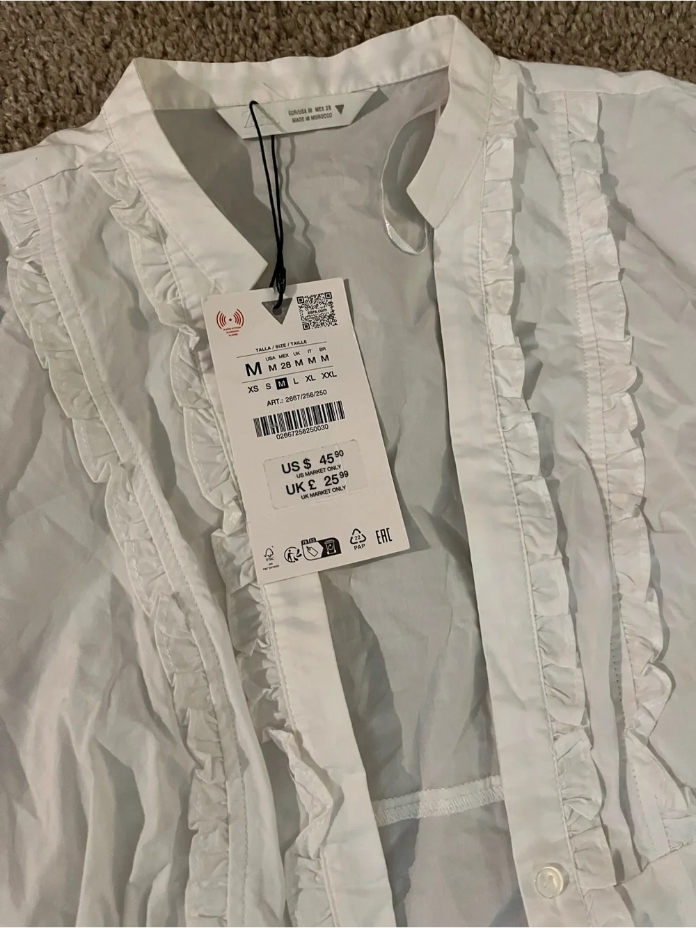 Zara White Ruffle-Trim Puff Sleeve Blouse